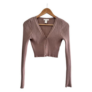 H&M Rib Knit Cropped Cardigan Dusty Nude Button Front